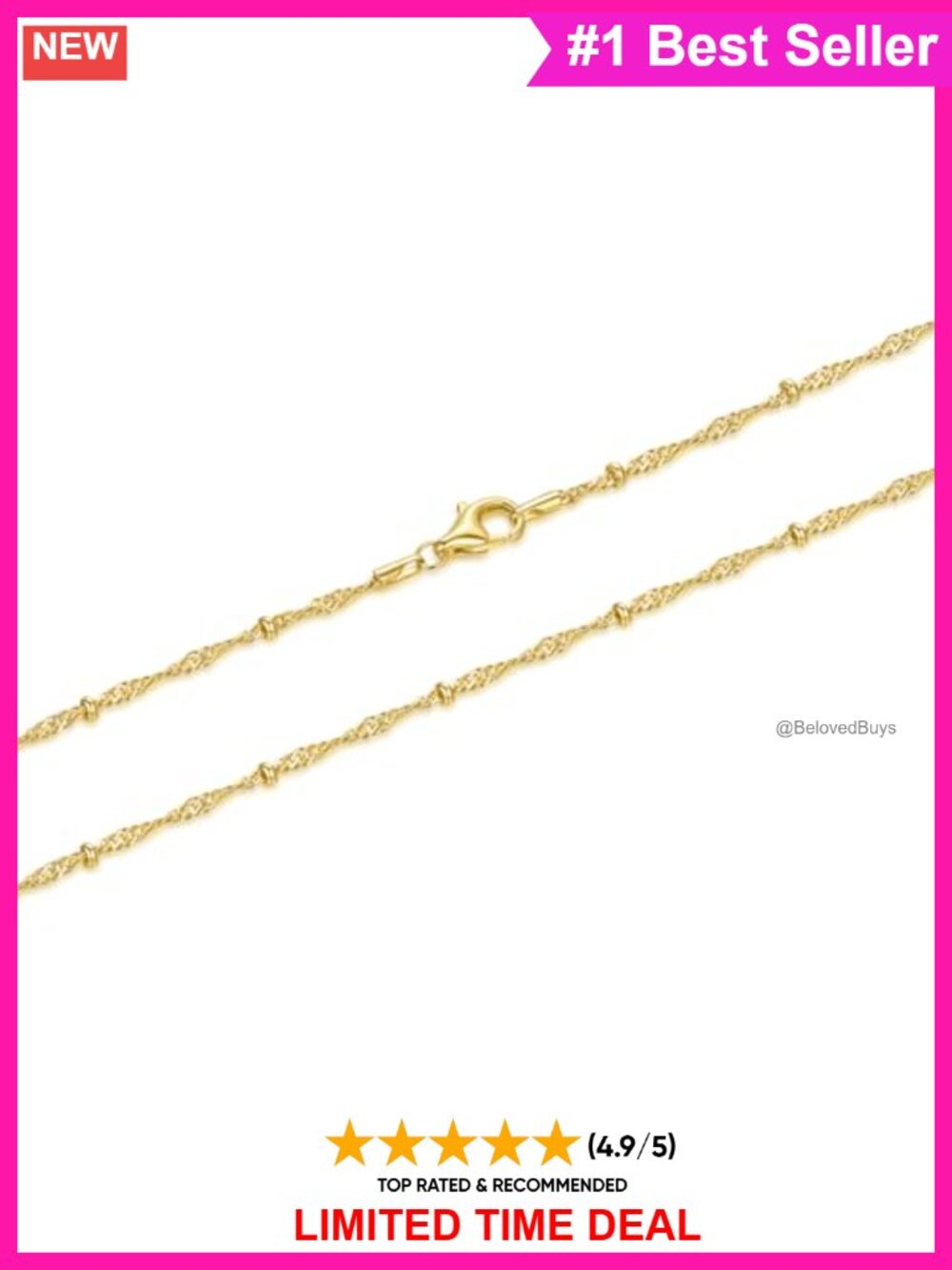 14K Gold Plated Rope Chain Necklace Waterproof Lobster Clasp Unisex